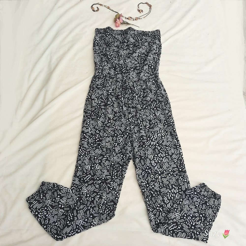 GARAGE Strapless Jumpsuit Romper, Black and White, Pockets